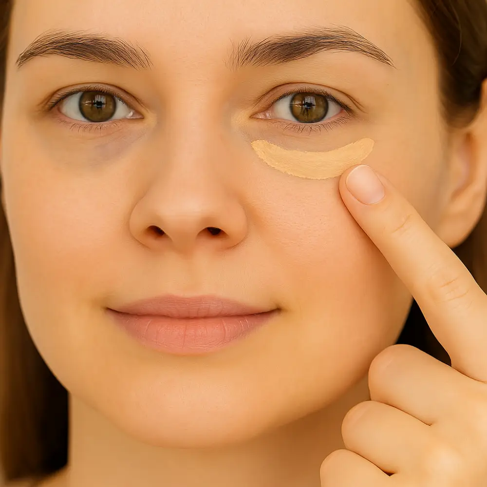 Applying peach corrector and light concealer along the shadow to cover under-eye bags