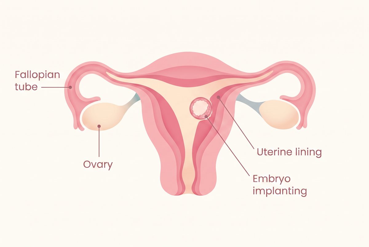 Labeled diagram of the uterus showing the fallopian tubes, ovaries, uterine lining and an embryo implanting in the lining