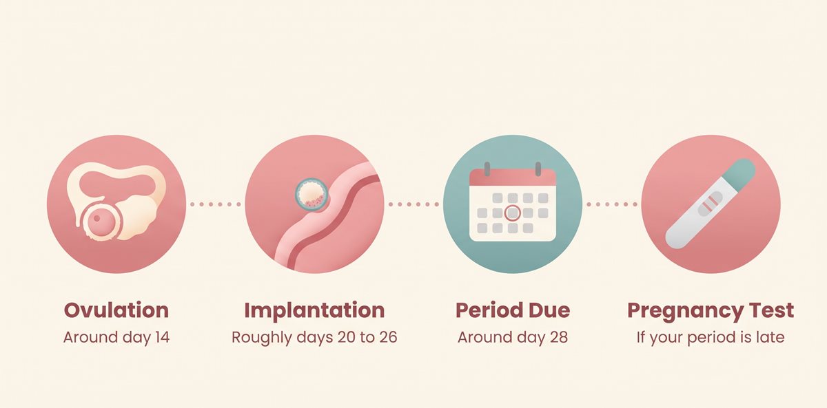 Timeline of a 28-day cycle: ovulation around day 14, implantation around days 20 to 26, period due around day 28, then a pregnancy test if the period is late