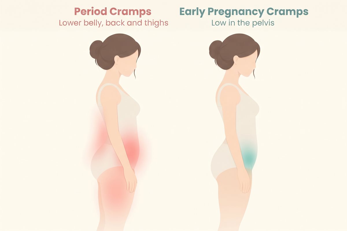 Illustration comparing period cramps vs early pregnancy cramps: period cramps are felt in the lower belly, back and thighs, while early pregnancy cramps are felt low in the pelvis