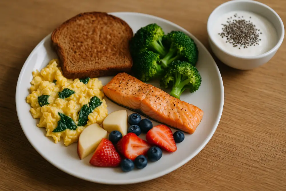 Balanced meal with scrambled eggs, salmon, whole grain toast, broccoli, fruits, and yogurt.