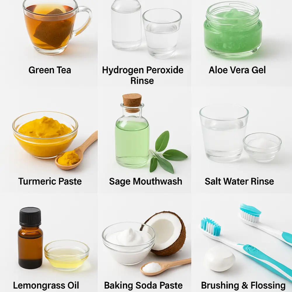 Catalog photo of natural home remedies for gum disease including green tea, hydrogen peroxide rinse, aloe vera gel, turmeric paste, sage mouthwash, salt water rinse, lemongrass oil, baking soda paste, coconut oil, and brushing & flossing tools