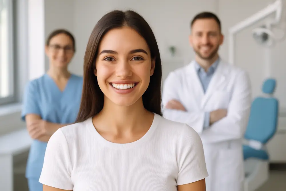 Smiling woman with bright white teeth at a dental clinic in Boston and Cambridge, MA with trusted dentists in the background