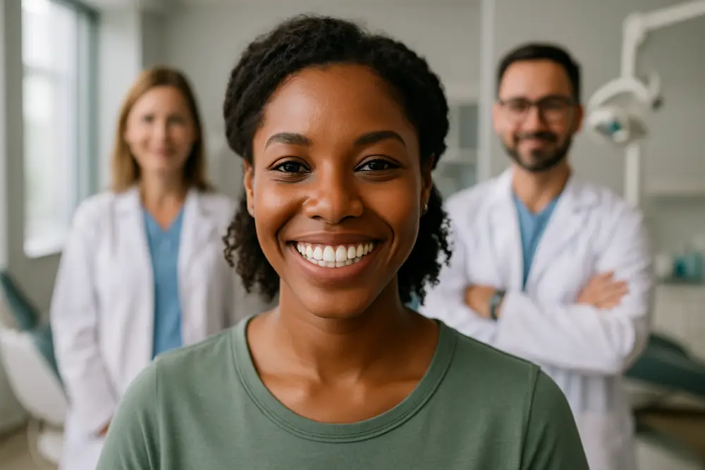 Smiling woman with bright white teeth inside a modern dental clinic in Washington, DC with trusted dentists in the background