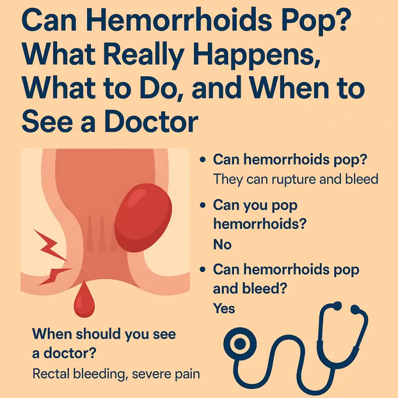 Medical infographic explaining can hemorrhoids pop, rupture, and bleed with doctor advice