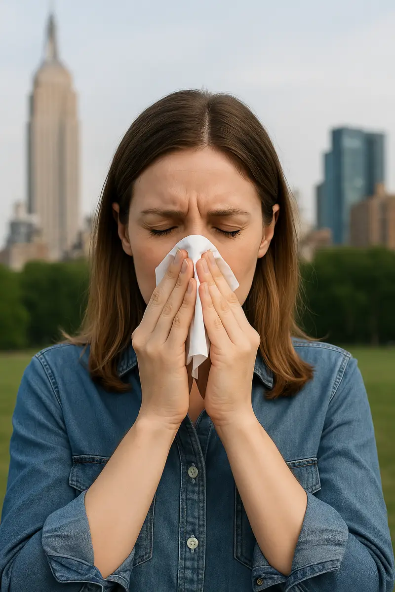 Woman covering nose with tissue suffering from hay fever in NYC with city skyline in the background