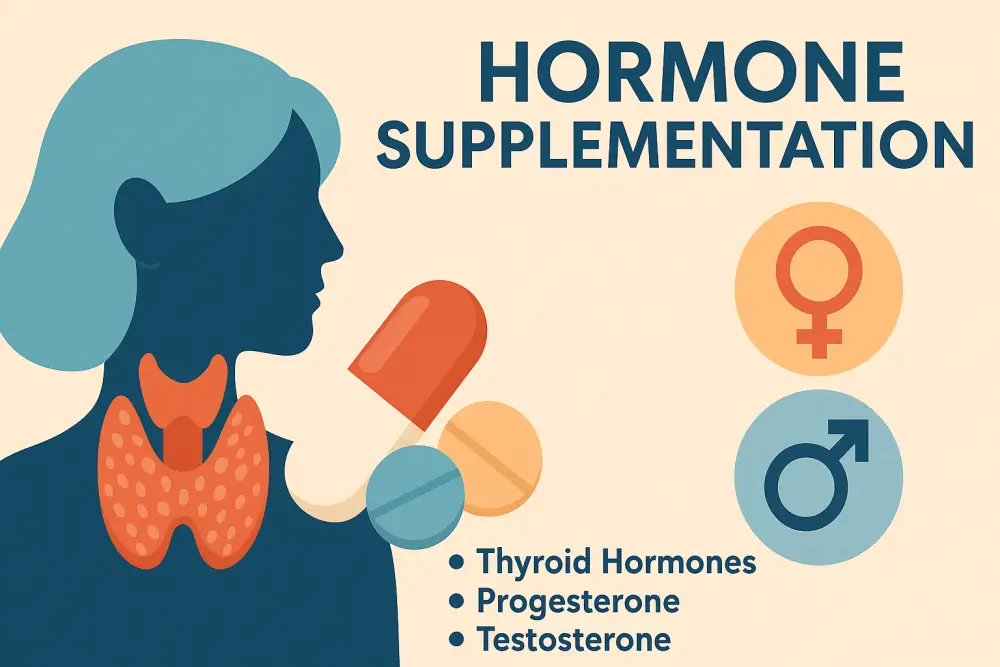 Graphic illustration showing hormone supplementation with thyroid gland, progesterone, and testosterone for menopause health