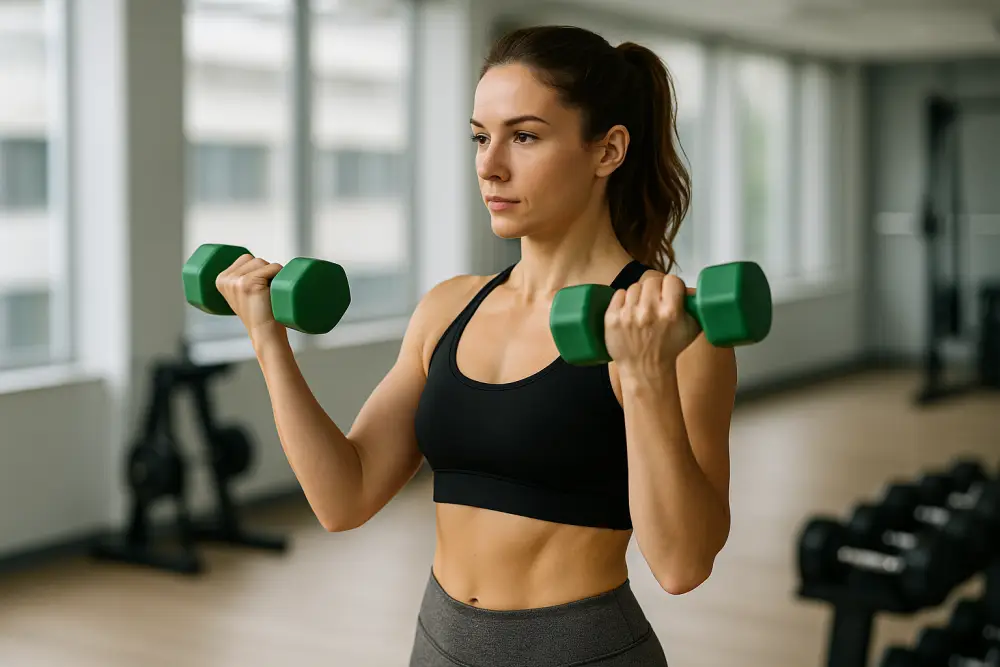 Woman doing dumbbell exercises to lose upper arm fat in the gym