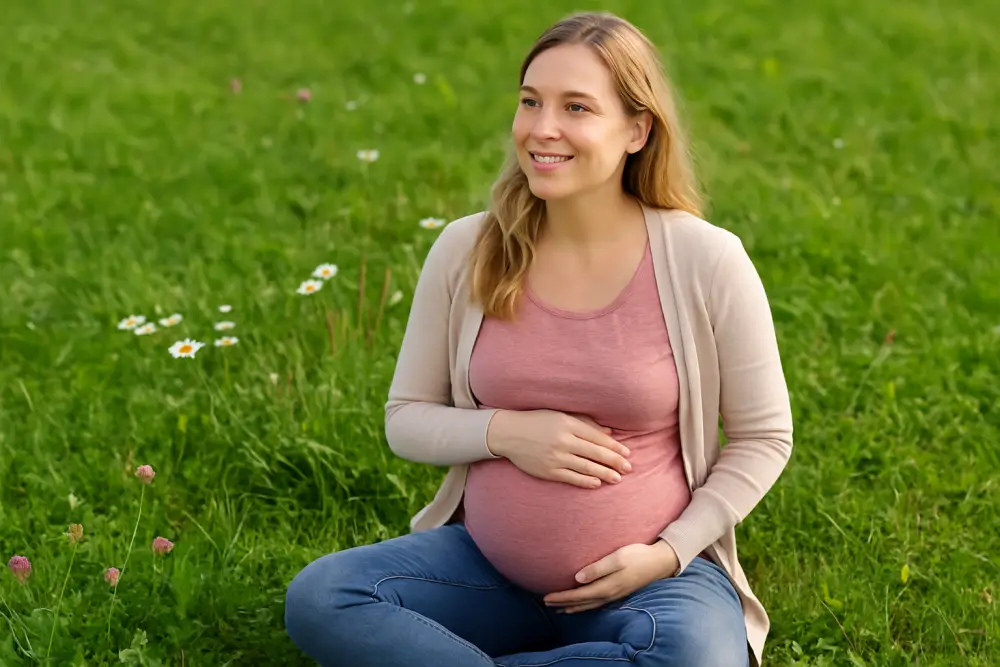 Pregnant Caucasian woman sitting on grass with flowers, looking relaxed during the second trimester