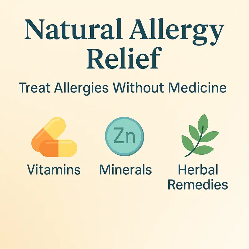 Infographic showing natural allergy relief with vitamins, minerals, and herbal remedies