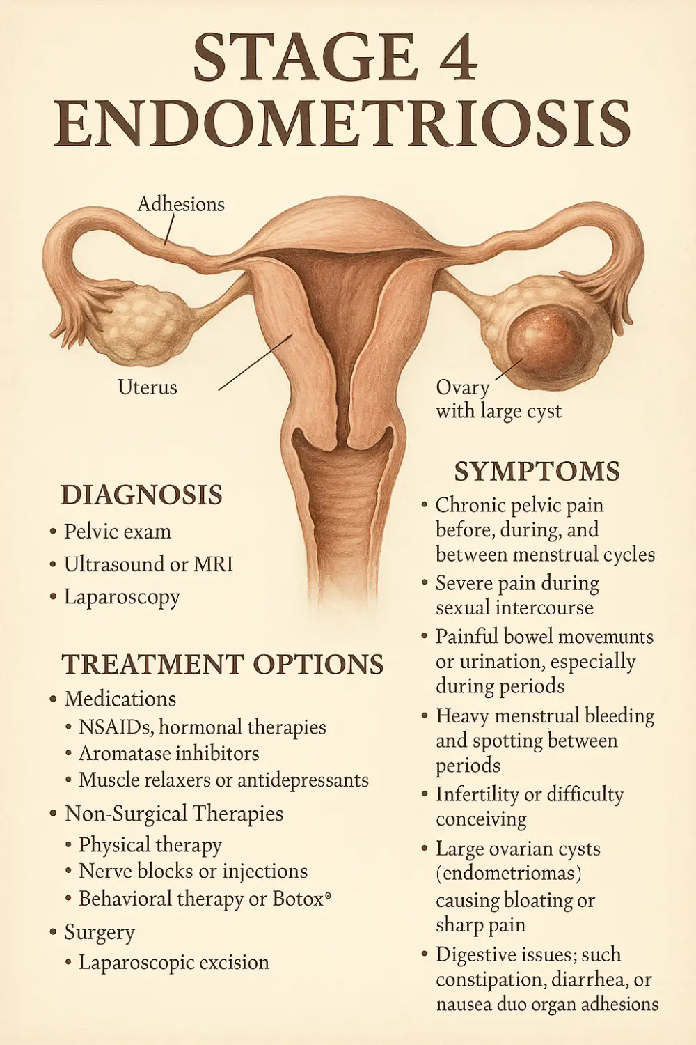 Realistic medical illustration of stage 4 endometriosis showing uterus, ovaries with large cysts, adhesions, symptoms, diagnosis, and treatment options.