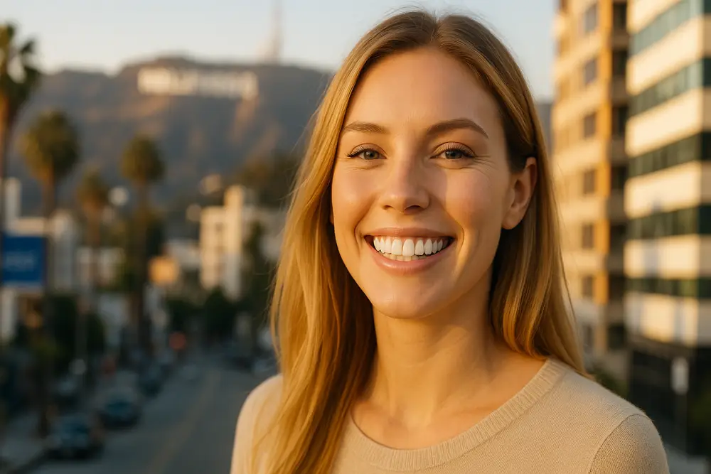 Smiling woman with bright white teeth in Los Angeles dental clinic with Hollywood background