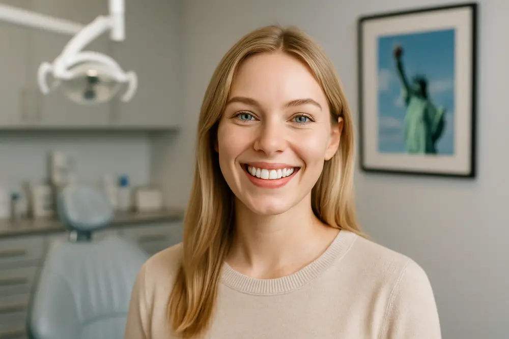 Smiling Caucasian woman with bright white teeth inside a New York dental clinic with a framed Statue of Liberty picture on the wall