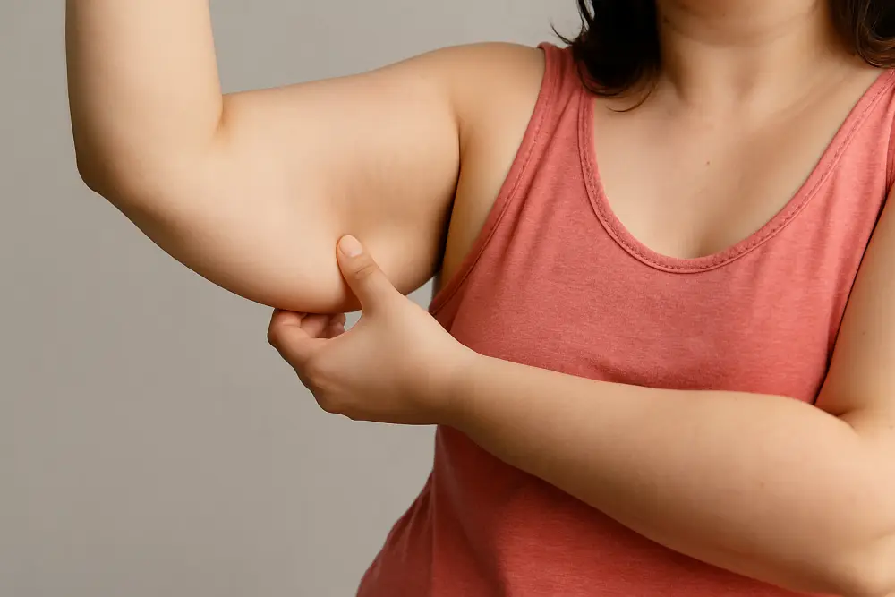 Woman pinching fat crease in upper arm showing what causes fat upper arms in women
