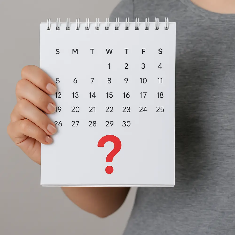 Woman holding a calendar with a red question mark, symbolizing spotting 2 weeks after period