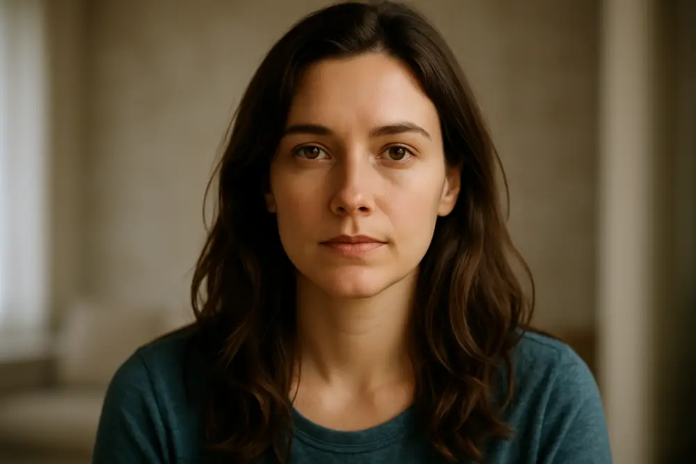 A realistic portrait of a beautiful woman symbolizing women’s mental health awareness month, photographed in Canon EOS style.