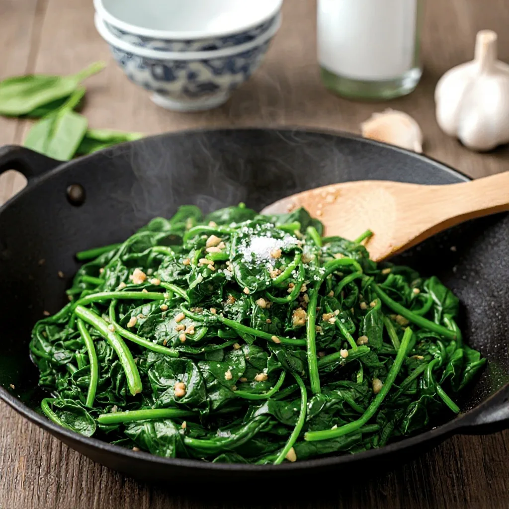 A finished bowl of garlic spinach stir fry, one of the best spinach stir fry recipes