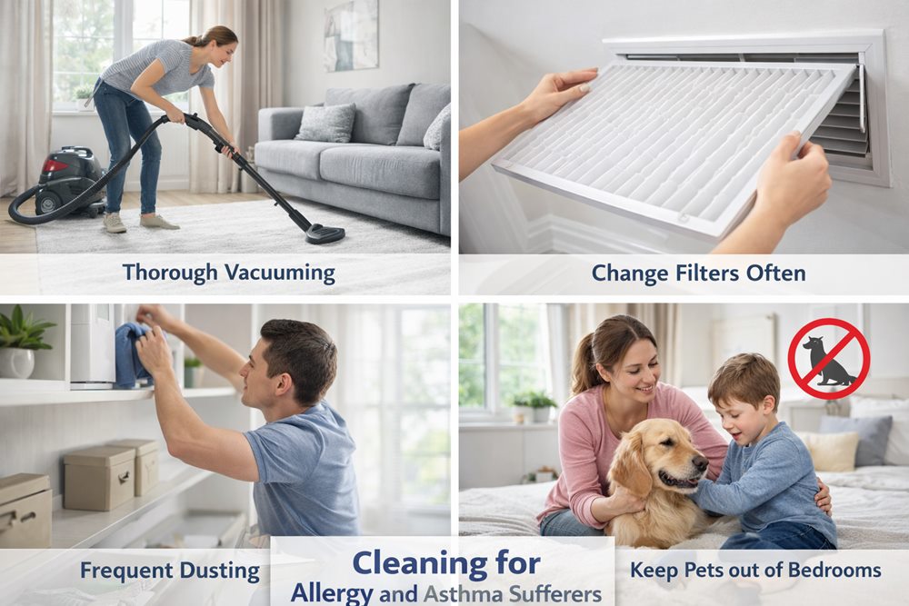 Cleaning for allergy and asthma sufferers including vacuuming carpets, changing air filters, dusting shelves, and keeping pets out of bedrooms