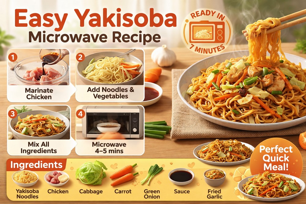Easy yakisoba microwave recipes with chicken and vegetables cooked in a microwave bowl