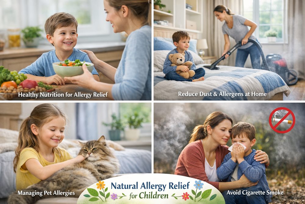 Natural allergy relief tips for children with healthy diet, clean home environment, pet allergy management and smoke-free living