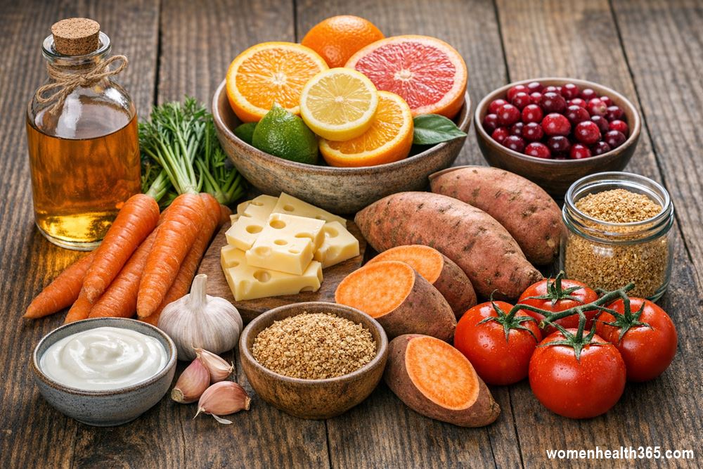 Healthy foods for glowing skin including apple cider vinegar, carrots, citrus fruits, yogurt, sweet potatoes, tomatoes, garlic and cranberries on a wooden table