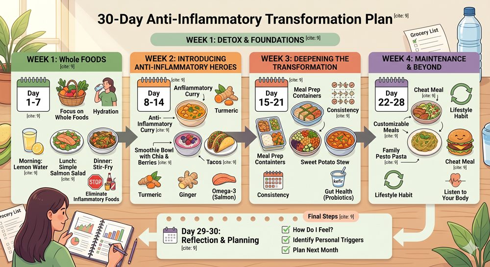 A detailed infographic visualising a complete 30-day anti-inflammatory transformation plan, as structured in the article. It breaks down the entire transformation into four distinct, logical weekly stages from right to left: 'Detox & Foundations' for the first week, 'Introducing Anti-Inflammatory Heroes' for the second week, 'Deepening the Transformation' for the third week, and 'Maintenance & Beyond' for the fourth and final week.