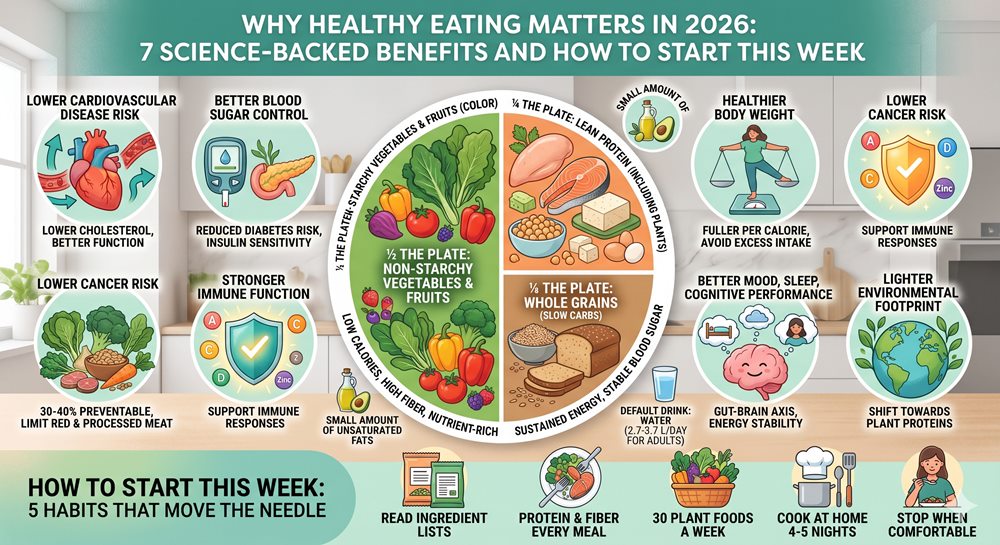 A comprehensive infographic titled 'WHY HEALTHY EATING MATTERS IN 2026: 7 SCIENCE-BACKED BENEFITS AND HOW TO START THIS WEEK' shows a divided plate with non-starchy vegetables, lean protein, whole grains, and healthy fats, surrounded by seven illustrated panels detailing health benefits like lower heart disease risk and stronger immune function, and a bottom section with five simple habits to start eating healthier.