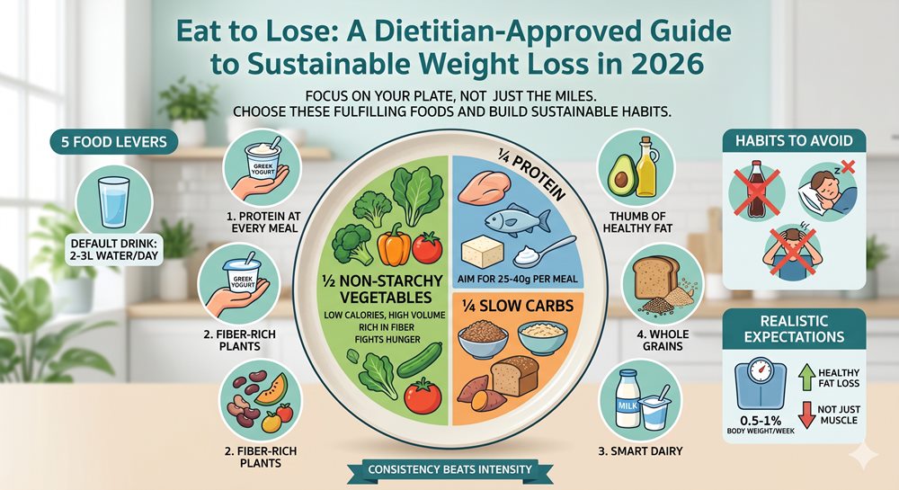 A modern visual guide showing a divided plate with non-starchy vegetables, protein, and slow carbs, surrounded by 5 food levers, habits to avoid, and realistic expectations for sustainable weight loss in 2026