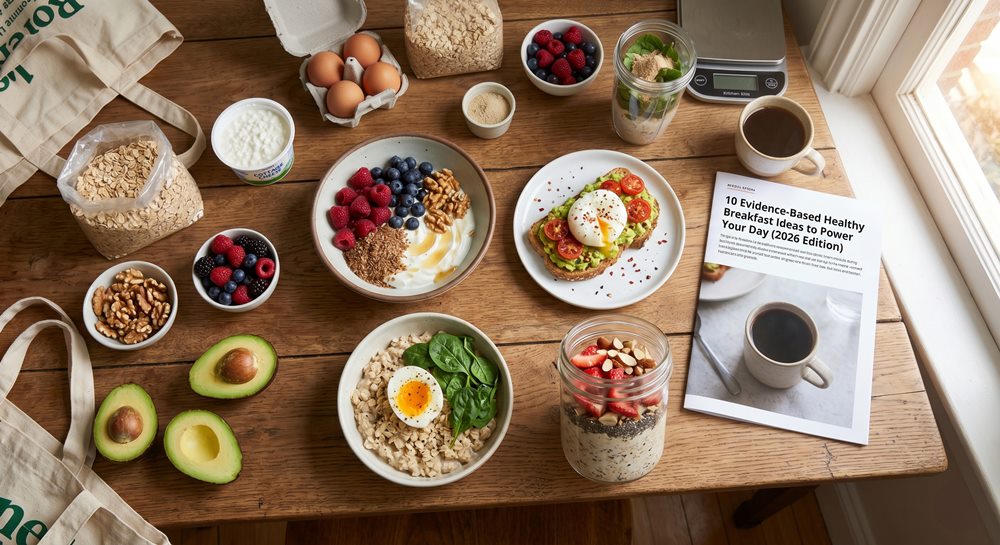 Top-down view of a wooden table featuring diverse healthy breakfast options, including yogurt bowls, avocado toast, and oatmeal, surrounded by fresh ingredients and a coffee cup.