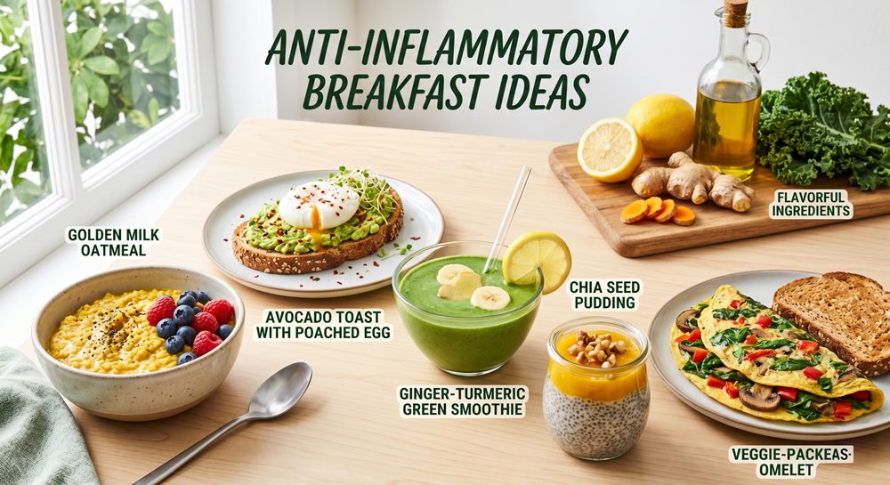 A top-down view of various anti-inflammatory breakfast dishes on a wooden table, featuring golden milk oatmeal, avocado toast with a poached egg, ginger-turmeric green smoothie, chia seed pudding, and a veggie-packed omelet, styled with fresh turmeric, ginger, and kale.