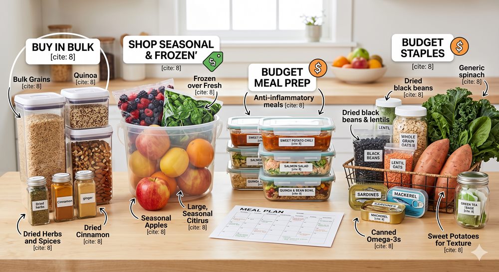 A comprehensive infographic visualizing a full range of budget-friendly anti-inflammatory diet strategies, derived from the article. The image clearly depicts various annotated visual categories and elements, including guides to buying in bulk, shopping for seasonal and frozen items, and an array of budget staples such as legumes, grains, canned fish, and tea.