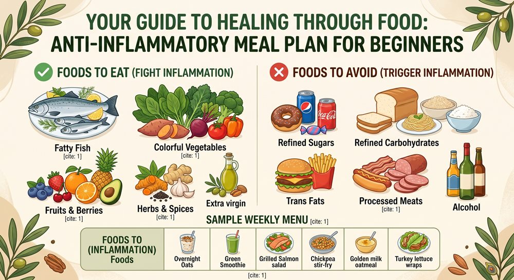 Infographic guide to an anti-inflammatory diet for beginners, showing lists of foods to eat (like fish, vegetables, fruits) and foods to avoid (like sugar, processed meats), plus a sample weekly meal plan with items like overnight oats and grilled salmon salad.