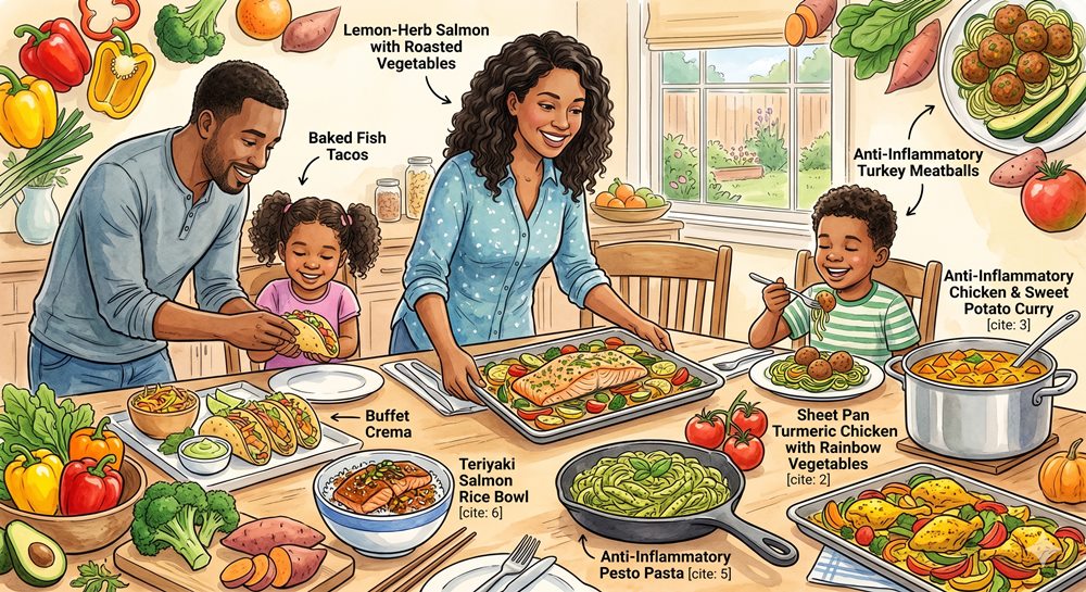 This vibrant, warm illustration captures a family enjoying a meal consisting of the healthy, flavorful anti-inflammatory dishes featured in the article, such as the Sheet Pan Lemon-Herb Salmon and baked fish tacos. Each key recipe is visually represented with clean labels, making it a perfect visual guide for the article's delicious and easy-to-follow meal plan.