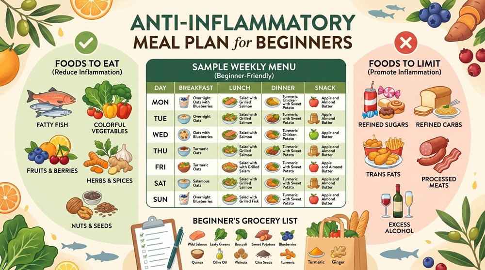 Infographic guide to an anti-inflammatory meal plan for beginners, showing illustrated lists of foods to eat (like fatty fish, vegetables, fruits, herbs) and foods to limit (like sugar, processed meats, alcohol), plus a sample weekly menu with items like overnight oats and grilled salmon salad.