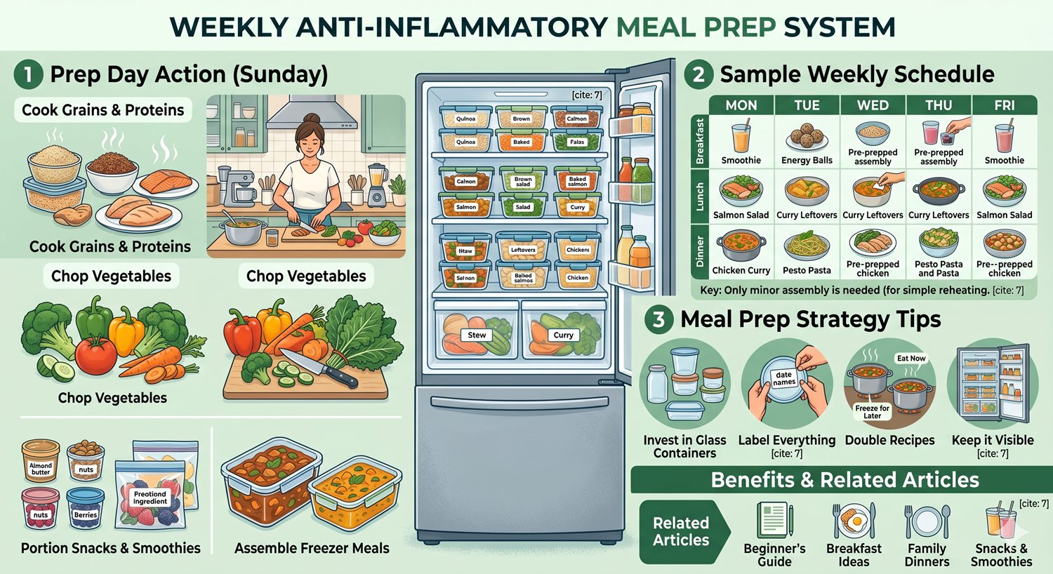 A detailed visual infographic outlining a comprehensive weekly anti-inflammatory meal prep system, as detailed in the article. It breaks down the process into logical steps and sections: 'Prep Day Action (Sunday)' showing visible chopping of vegetables, pre-portioning of snacks and smoothies, and cooking of key proteins and grains; a 'Sample Weekly Schedule' demonstrating daily meal transformations from prepped items; and essential meal prep strategy tips like doubling recipes and labeling containers.