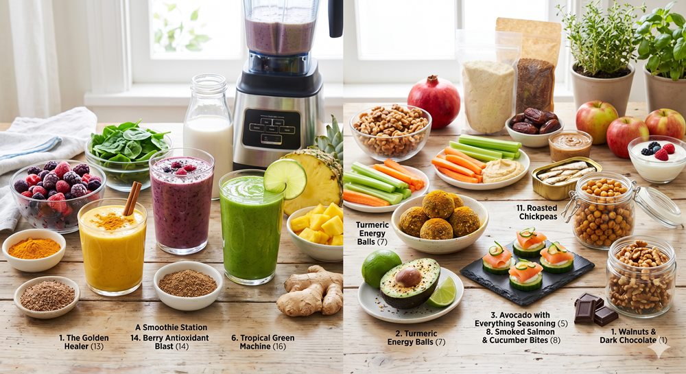 A vibrant and inviting photographic illustration capturing a curated collection of diverse anti-inflammatory snacks and smoothies presented on a rustic wooden table in a brightly lit kitchen environment. The scene showcases several prepared items from the article, including a dedicated smoothie station with glasses of golden, purple, and green smoothies, alongside bowls of key ingredients and prepared snacks like turmeric energy balls, avocado with seasoning, smoked salmon cucumber bites, roasted chickpeas, and walnuts and dark chocolate.