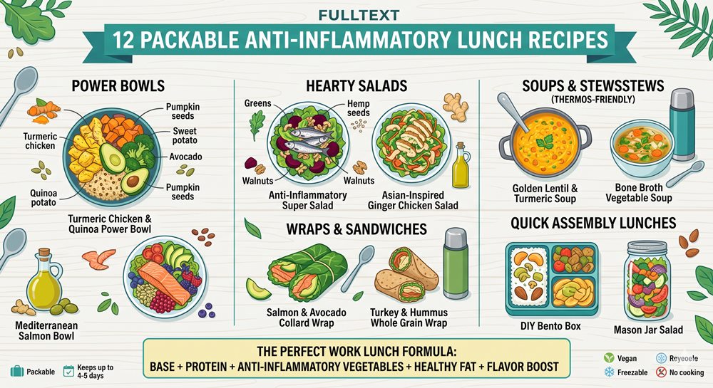 An infographic illustrating 12 packable anti-inflammatory lunch recipes for work. The graphic is divided into sections including: Power Bowls (Turmeric Chicken & Quinoa, Mediterranean Salmon), Hearty Salads (Anti-Inflammatory Super Salad with sardines, Asian-Inspired Ginger Chicken), Soups & Stews (Golden Lentil & Turmeric, Bone Broth Vegetable), Wraps & Sandwiches (Salmon & Avocado Collard Wrap, Turkey & Hummus), and Quick Assembly Lunches (DIY Bento Box, Mason Jar Salad). Each meal has illustrations and key ingredients labeled. The bottom features 'THE PERFECT WORK LUNCH FORMULA' and meal property icons like 'Vegan' and 'Packable'.