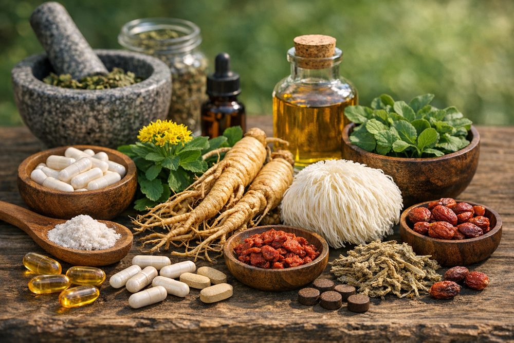 A high-resolution DSLR-style photo of natural nootropics including ginseng, lion’s mane mushroom, herbal supplements, capsules, and oils arranged on a wooden table.