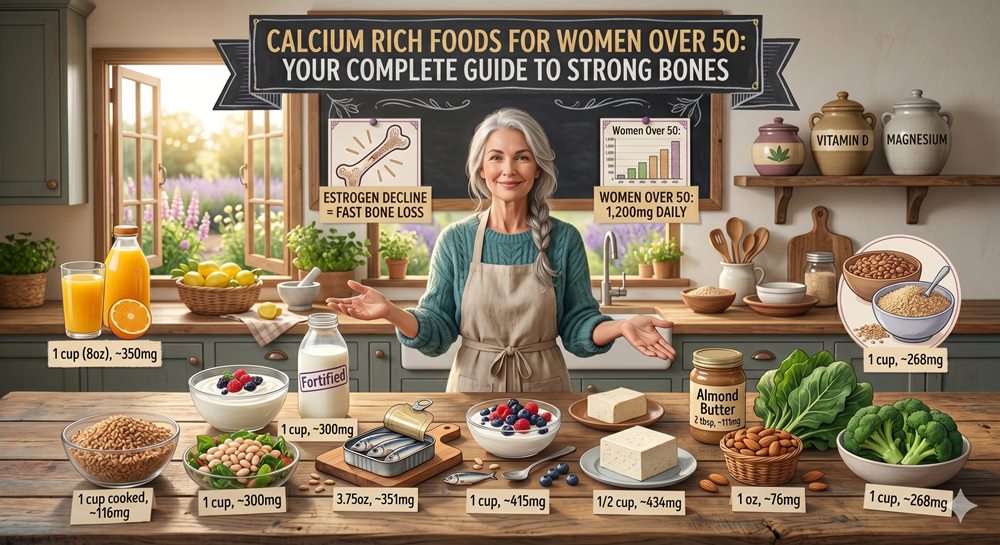 A photorealistic infographic illustration of a healthy woman over 50 in a sunny kitchen, surrounded by diverse calcium-rich foods like yogurt, tofu, sardines, kale, fortified orange juice, and almonds, with detailed labels showing their calcium content. A central chalkboard lists the title and information about bone health and the daily calcium requirement for women over 50