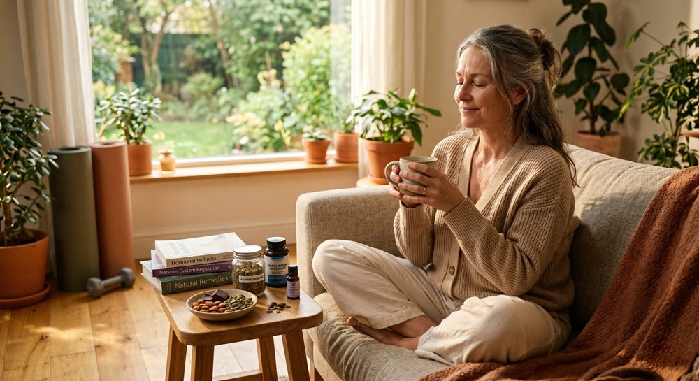 A serene middle-aged woman sitting comfortably on a couch holding a warm mug, with books on hormonal wellness, nuts, and natural supplements on a side table in a sunlit room