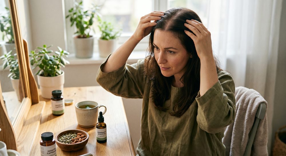 A woman sitting at a wooden vanity table gently examining her hair and scalp, with rosemary scalp oil, spearmint tea, pumpkin seeds, and natural supplements displayed on the table