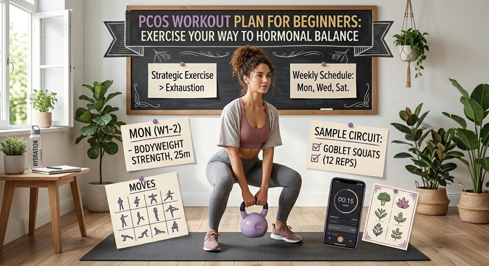 A candid photograph captures a young woman with curly brown hair in a loose bun, performing a goblet squat with a lavender kettlebell. Scattered around her are paper cards detailing her PCOS workout plan, with a large chalkboard banner above her reading 'PCOS WORKOUT PLAN FOR BEGINNERS: EXERCISE YOUR WAY TO HORMONAL BALANCE.' The scene emphasizes realistic, strategic exercise for hormonal health, with supportive props like a yoga mat, smartphone timer, and hydration bottle