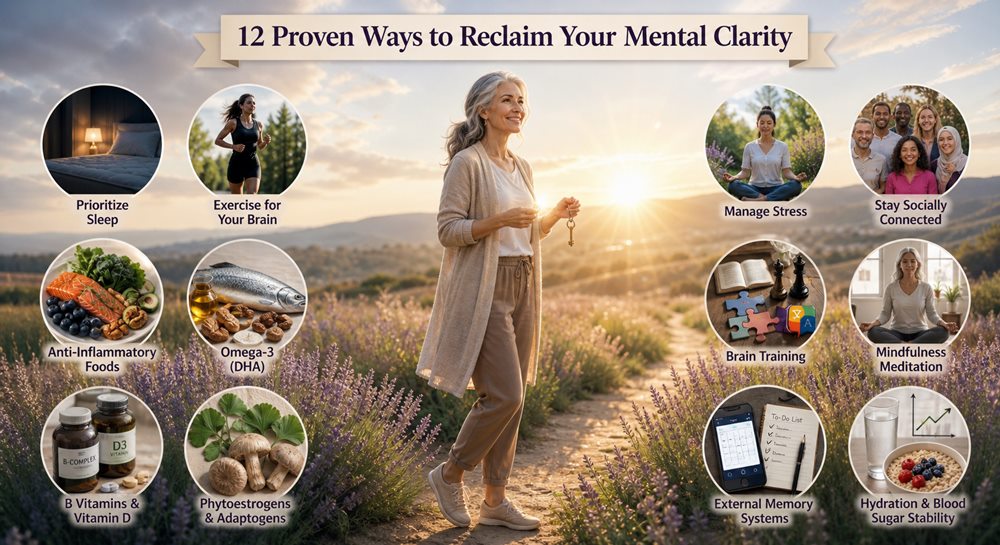 Realistic infographic showing 12 proven ways to improve mental clarity, featuring a middle-aged woman walking through a lavender field at sunrise, surrounded by lifestyle elements like sleep, exercise, healthy food, meditation, brain training, and hydration